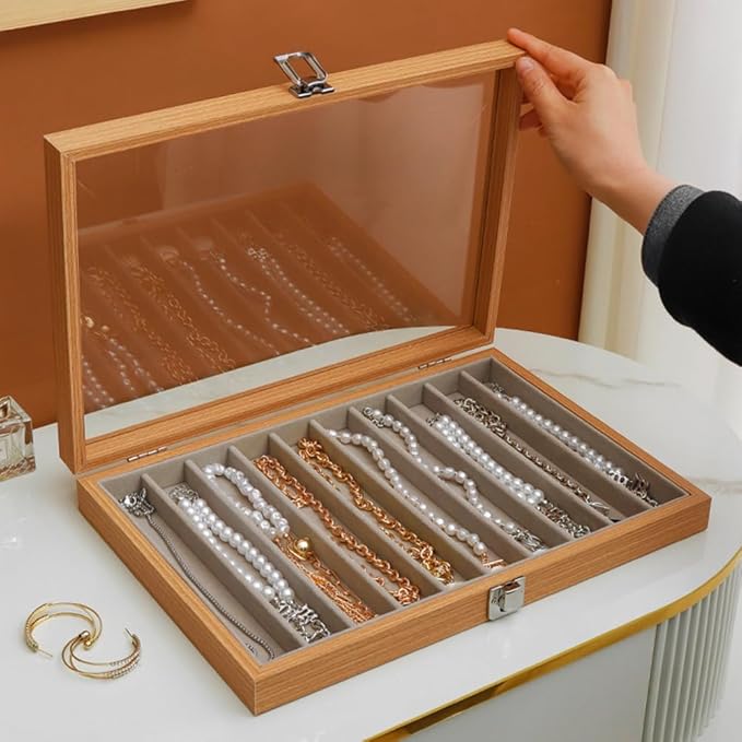 Glass Lid Necklace Organizer Box Transparent Necklace Holder Organizer Velvet Necklace Display Box Clear Lid Jewelry Storage Stackable Necklace Display Case for Women Girls (Style A)