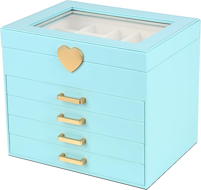 Kendal Jewelry Box, 5-Layer Jewelry Organizer Box with Glass Lid, Blue, Heart Shaped PU Leather, Storage Box for Necklace Earrings Rings Bracelets, Gift Idea for Girls LJC4DRBL