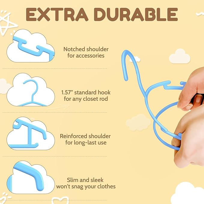VILICK Kids Plastic Hangers, Baby Clothes Hangers for Closet 50 Packs Non-Slip Toddler Hanger for Infant Child Clothing, Small Children Hangers for Pants Coats Skirts (Blue)