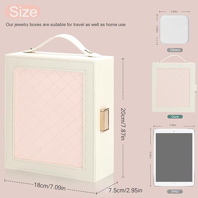 DesignSter Travel Jewelry Case for Woman, Portable Jewelry Travel Box with Mirror, PU Leather Small Jewelry Organizer with Handle for Rings Earrings Bracelets Necklaces(Beige & Pink)