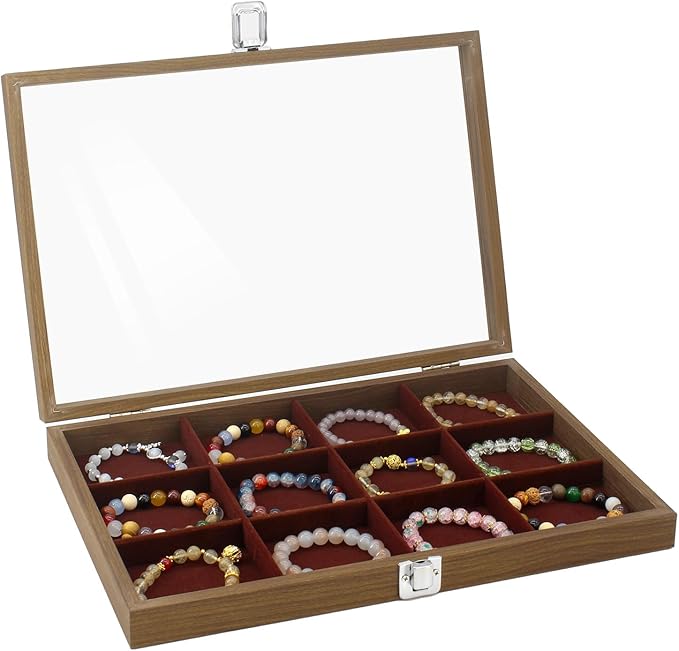 KOOAAICCHI Jewelry Organizer Tray 12 Grid Velvet Jewelry Storage Box with Clear Lid Jewelry Display Case with Lock Bracelet Earring Ring Organizer Showcase Gifts for Girls Women-12 Grid Wooden Brown