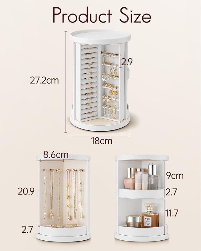 VLANDO 360°Rotating Jewelry Box,Earring Organizer Large Vertical Jewelry Organizer with 6 Necklace Hooks, Open Ring Display Storage for Women -White