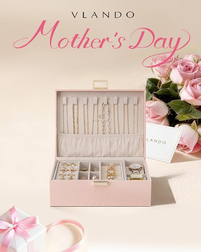 VLANDO 2 Layer Jewelry Box Large Jewelry Organizer for Mothers Day Mom Gifts Jewelery Tray with Watch Pillow for Necklace Earrings Rings Bracelets Jewelry Boxes for Holidays Gifts (Pink)