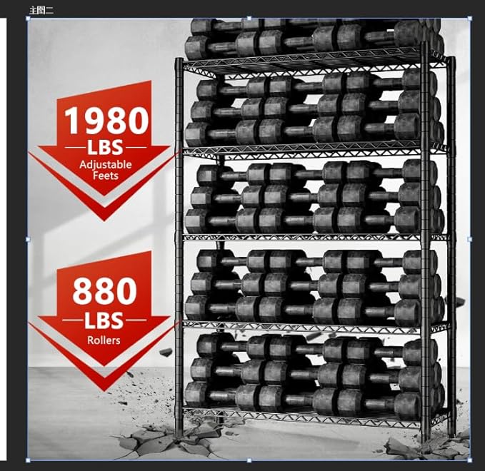 REIBII Storage Shelves Load 1980LBS,5 Tier Metal Shelving Unit with Wheels,Adjustable Wire Shelving Metal Storage Shelves Commercial Shelf for Garage Pantry Kitchen,76''HX36''WX16''D Black