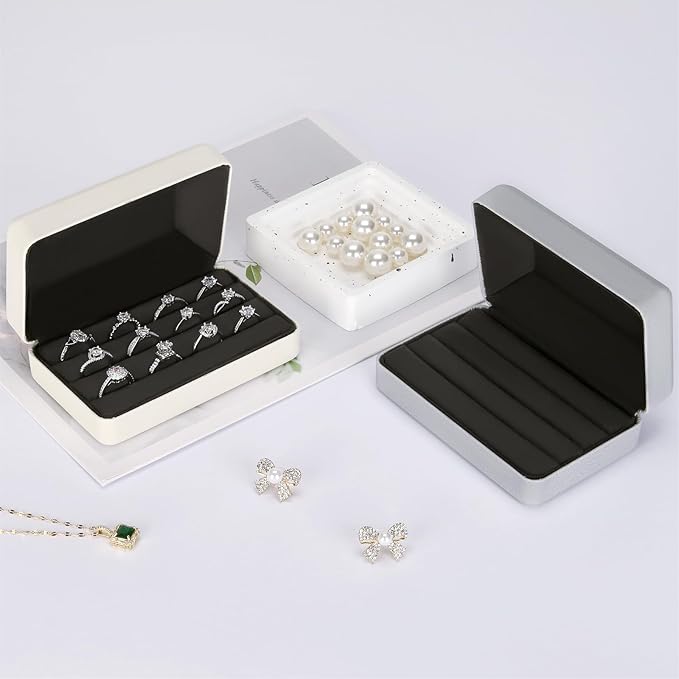 KUKUVR Velet Ring Storage Box for Multiple Rings, Travel Jewelry Ring Stud Earrings Holder Case, 3 Slot Portable Ring Display Organizer Case (White)