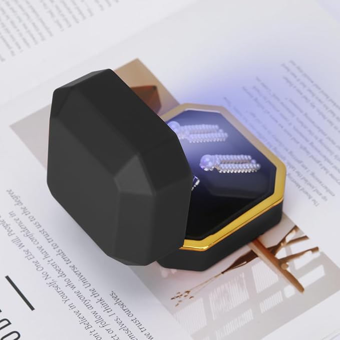 Luxury LED Jewelry Earring Pendant Stud Box, Velvet Earring Necklace Gift Box Storage Case Organizer Holder for Proposal Engagement Wedding Anniversary Birthday Ceremony (Black)