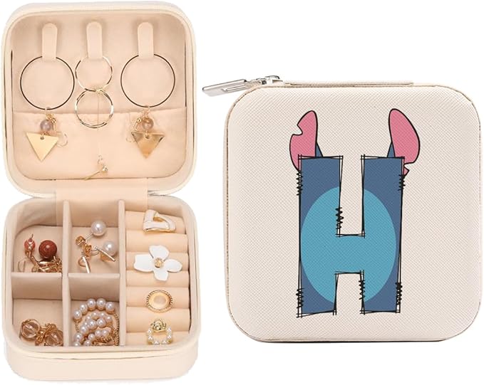 LONGXIN Cute Cartoon Gifts, Initial Travel Jewelry Case Small Jewelry Box Organizer, Personalized Gifts for Women Teen Girls, Birthday Christmas Gifts for Cartoon Lovers, Letter H