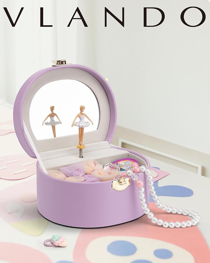 VLANDO Musical Jewelry Box for Girls, Small Kid Music Box with Ballerina for Party Bedroom Decor, Bithday Gift for Girl - Purple