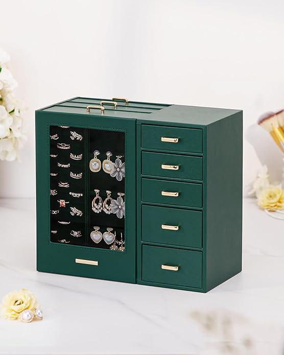 Homde Large Jewelry Box/Organizer/Case with Glass Window, Drawers for Necklaces Earrings Rings Bracelets Watches Gift for Women Girls