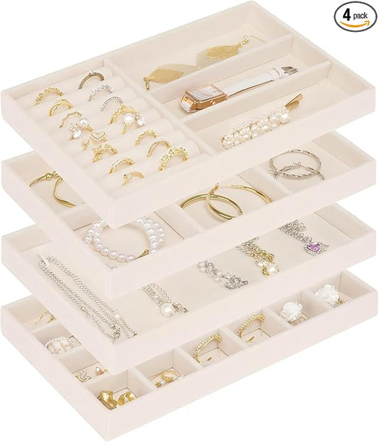 Cirhy Velvet Jewelry Drawer Organizer Trays – Stackable Jewelry Trays for Drawers, Set of 4 Jewelry Organizer for Drawer Inserts, Display Storage Box for Earrings, Rings, Necklaces, Bracelets