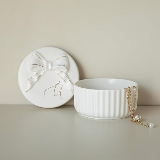 COLLECTIVE HOME - Monogram Jewelry Box with Bow, Christmas Gift Ideas for Women, Small Gift for Girlfriend Wife, Ring Holder, Earrings Dish, Birthday Gift for Her (U)