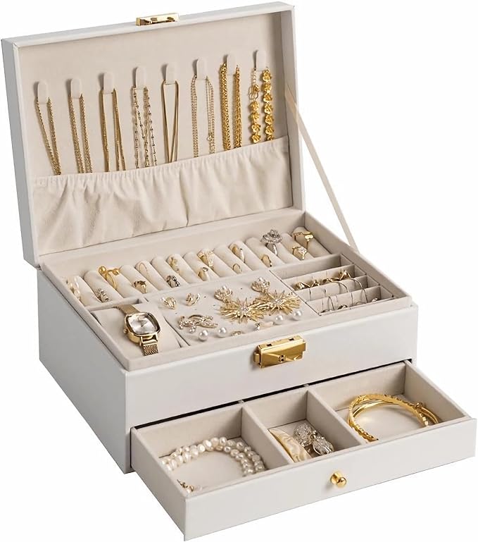 GUOER Jewelry Box for Women Girl Wife - Large PU Leather Jewelry Organizer Storage Case with Two Layers Display for Earrings Bracelets Rings Watches Mother's Day (White)