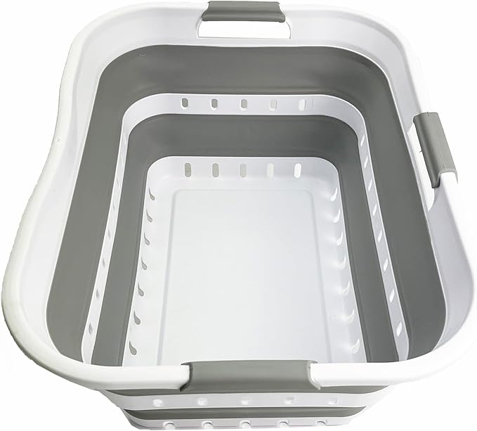 SAMMART 42L (11 gallon) Collapsible Plastic Laundry Basket - Foldable Pop Up Storage Container/Organizer - Space Saving Hamper/Basket (1, Grey/White)