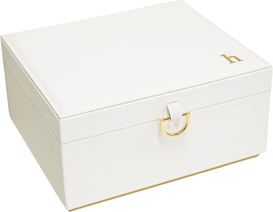COLLECTIVE HOME - Monogram Jewelry Box with Mirror, Custom Gold Letter Engraving, Elegant Jewelry Organizer with Removable Tray, Gift for Mother’s Day, Girlfriend, Birthday (h)
