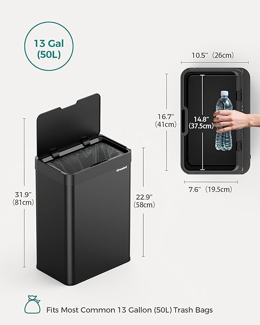 Kitchen Trash Can Touchless, 13 Gallon/50 Liter Stainless Steel Automatic Motion Sensor Trash Can, Type-C Rechargeable Garbage Can with Lid, Silent Close, Touchless Trash Bin for Home Kitchen, Black