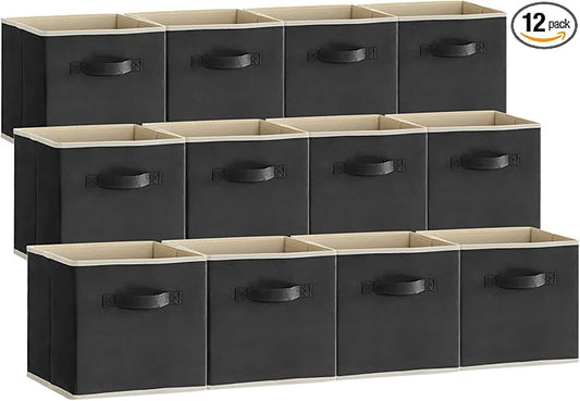 Lifewit Storage Cubes, Foldable Decorative Fabric Storage Baskets for Organizing Home Organizers with Handles for Shelves, Closet, 11 Inch Bins, 18L Black, 12 Packs