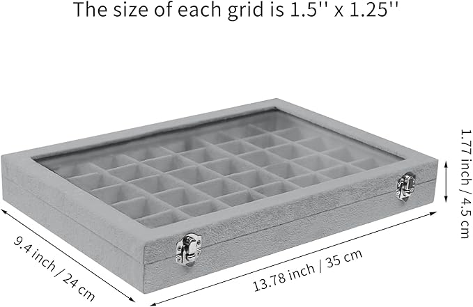 Stratalife Jewelry Organizer 48 Grid Jewelry Trays with Dust-proof Lid Velvet Earring Organizer Ring Holder Accessories Box Necklaces Earrings Storage for Women Drawers Gray