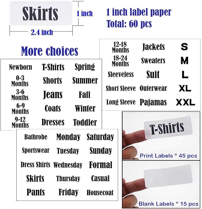 32 Pack White Clothing Rack Size Dividers Plus 150 Labels (1 Inch) and 40 Large Blank Labels, Large Rectangular Clothing Closet Dividers (Pearl White)