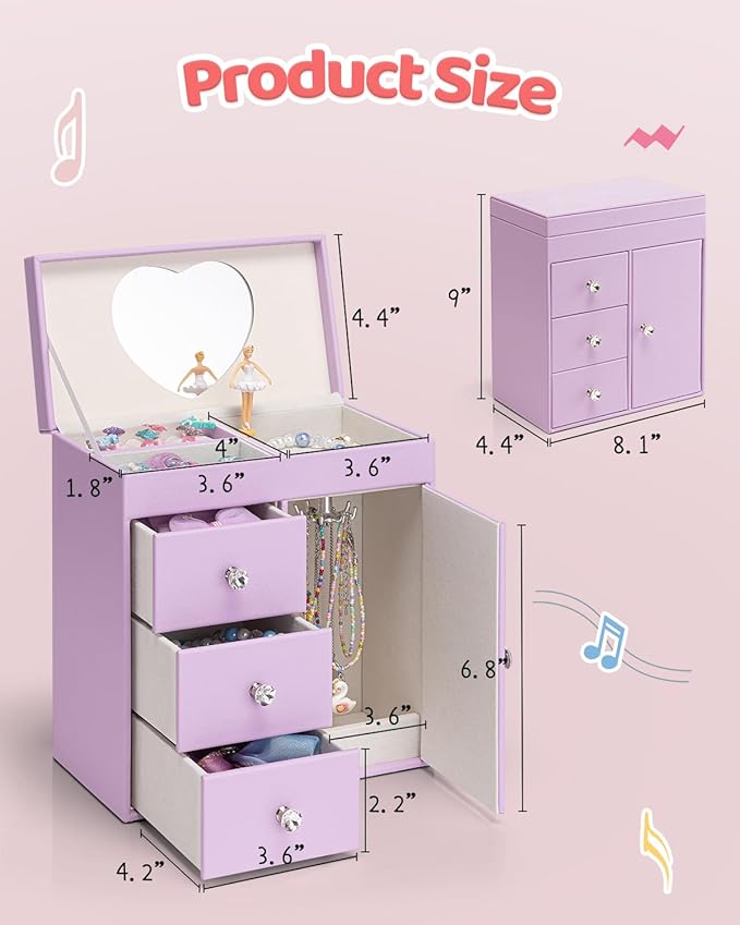 VLANDO Musical Jewelry Box for Girls, Large Kid Music Box with Ballerina for Birthday Bedroom Decor, 4 Layer Girl Jewelry Gifts for Girls Kids - Purple