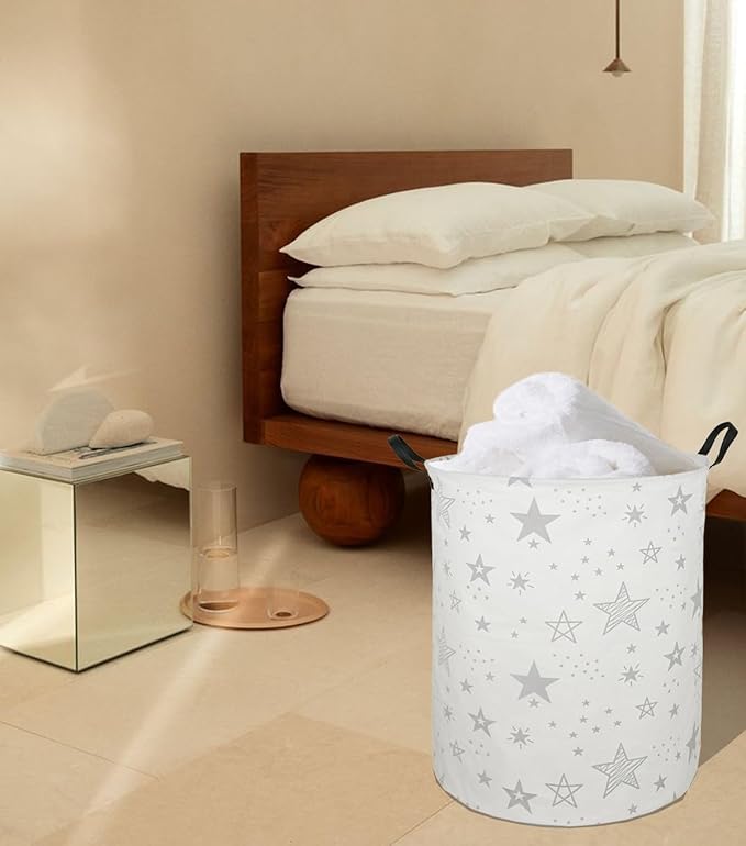 Collapsible Kids Laundry Basket Clothes Hamper, Foldable Storage Organizer Bin, Toy Clothes Storage with Handles for Boys Girls Bedroom, Room Decor Grey Star