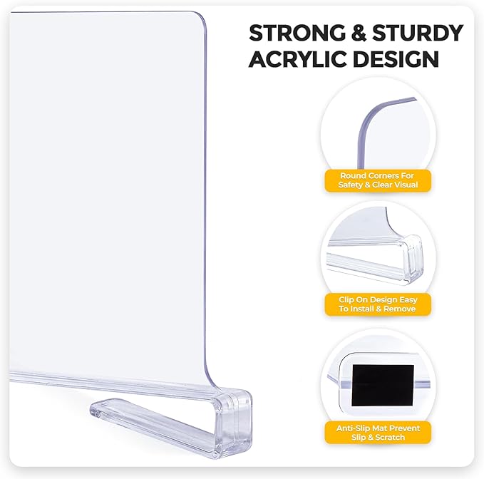 JOY DECOR 6 Pack Acrylic Clear Shelf Dividers for Closets Organizer and Storage Adjustable Vertical Wood Shelf Closet Separators for Clothes,Book,Bags in Bedroom and Kitchen