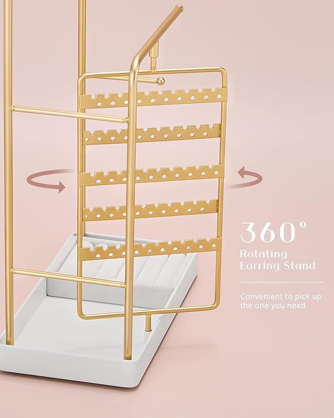ProCase Jewelry Stand Holder Organizer, Jewelry Display Storage with Ring Tray, Rotating Earring Bracelet Necklace Holder, Valentine's Gifts Room Dorm Decor for Teen Girls -Gold (No-Assembly)
