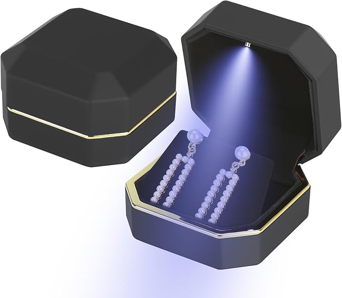 Luxury LED Jewelry Earring Pendant Stud Box, Velvet Earring Necklace Gift Box Storage Case Organizer Holder for Proposal Engagement Wedding Anniversary Birthday Ceremony (Black)