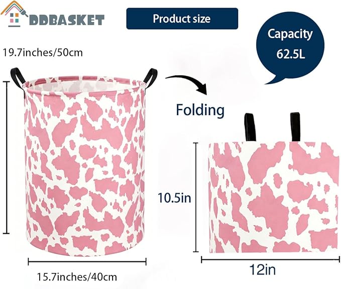 Kids Laundry Basket Cow Hamper for Nursery Pink Hamper Cute Kids Storage Bin Organizer Room Decor for Home(Pink cow)