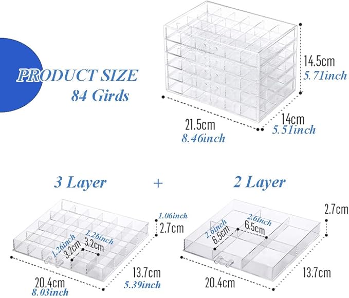 YUFONG Jewelry Boxes Earring Storage Box Organizer 5 Drawers Jewelry Organizer Acrylic Jewelry Storage Box Holder Compartment Transparent Display Storage Case Gift for Women Girls (84 Girds)