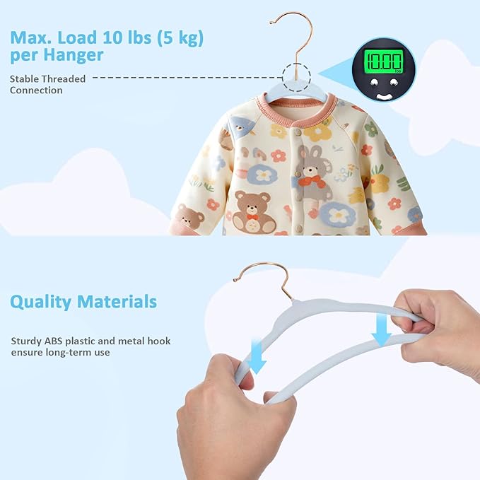 Tonswachic Baby Hangers 50 Pack - 11 Inch Premium Velvet Non Slip Kids Hanger for Infant & Toddler Clothes - 0.2" Ultra Thin Baby Closet Hangers with 10 Hanger Clips - Blue