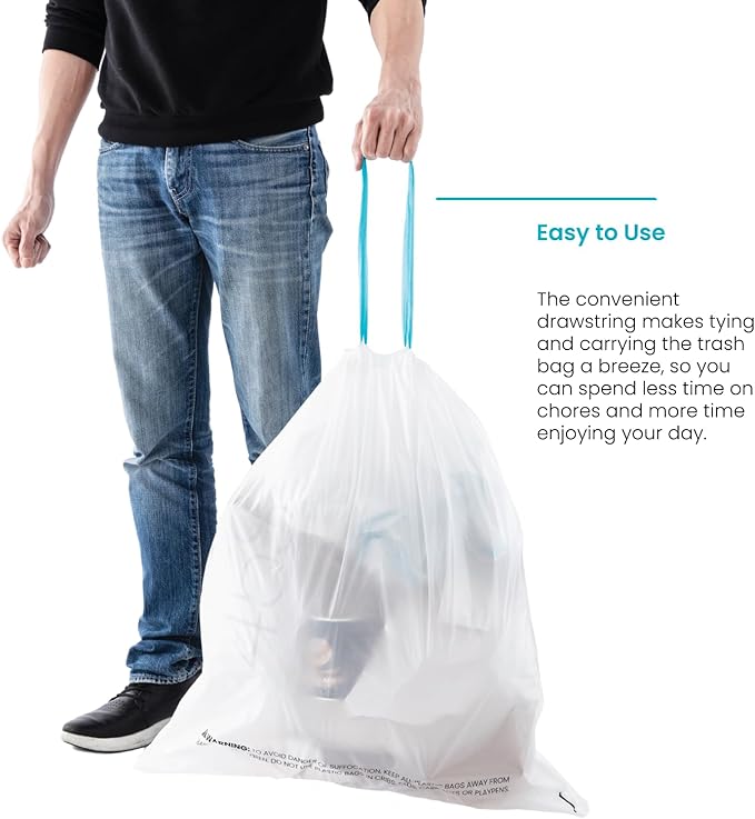 Home Zone Living 12 Gallon Kitchen Trash Bags with Drawstring Handles, Heavy Duty Custom Fit Design for Standard 45 to 50 Liter Kitchen Trash Cans, Code 45S, 30-Count