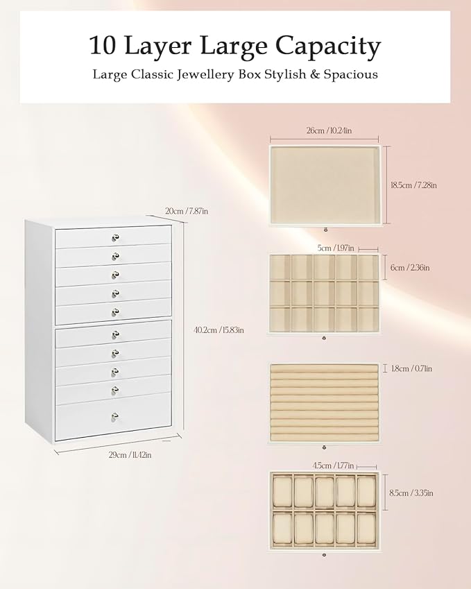 GUKA Large Jewelry Box, Jewelry Case with 10 Drawers for Big and Small Jewelry, Jewelry Storage Organizer for Watch Earrings Necklace Rings Bracelets, Birthday Wedding Gifts, White