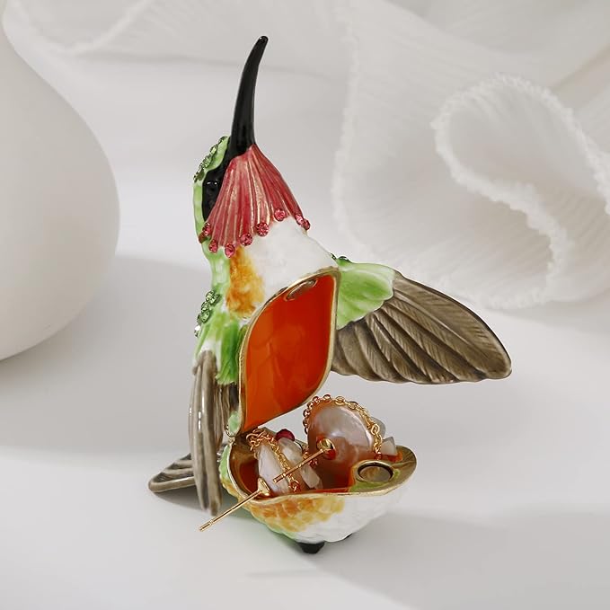 Hand Painted Enamel Hummingbird Trinket Box for Home Decor, Hinged Jewelry Organizer for Ring Earrings, Unique Figurine Keepsake Collectible Personalized Handmade Ornament Gifts (Green Hummingbird-1)