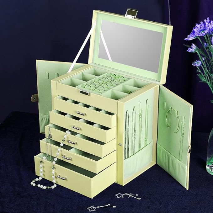 Frebeauty Large Jewelry Box,6-Tier PU Leather Jewelry Organizer with Lock,Multi-functional Storage Case with Mirror,Accessories Holder with 5 Drawers for Necklace Bracelets Watches