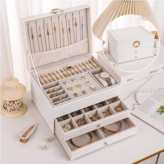 TOFUNTOY Jewelry Organizer Box, Large Jewelry Boxes for Women, 3-Layer Jewelry Holder Organizer for Necklace Earrings Rings Bracelets Storage, Gift for Her Mom