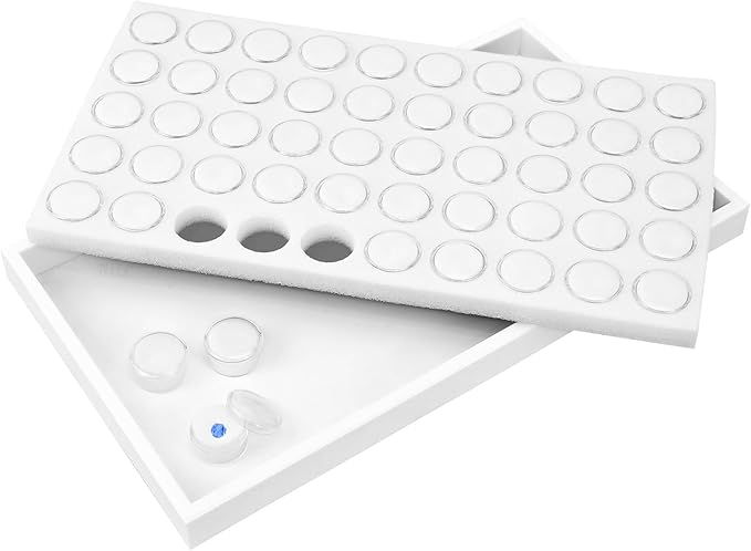 Ikee Design 50 White Foam Gem and Bead Storage Jars Showcase Stackable Display Tray Storage Box for Collectibles, Home Organization, 14.75 W x 8.25 D x 1 H in