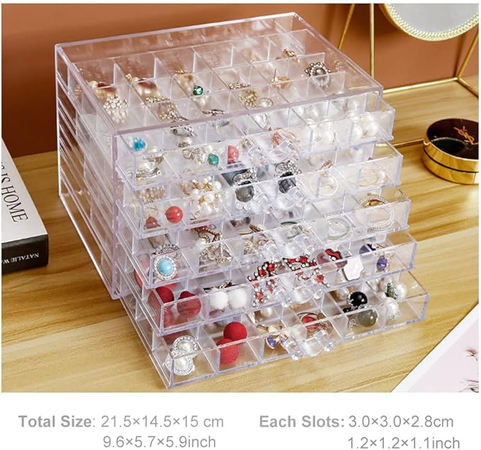 QIYUSHRY Earring Storage Box Acrylic Jewelry Storage Holder Ring Clear Plastic Transparent Jewelry Display Stand with 5 Drawers 120 Small Compartment Tray for Women Girls