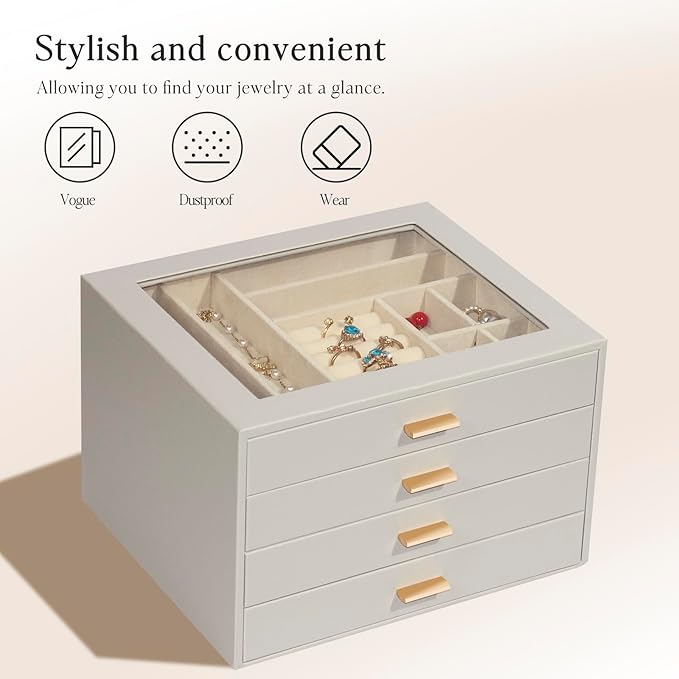 Jewelry Box with Glass Lid, 4-Layer Jewelry Organizer for Women Girls, PU Leather Display Case with 20-Grid Earring Tray & Movable Dividers for Necklaces Rings,Grey
