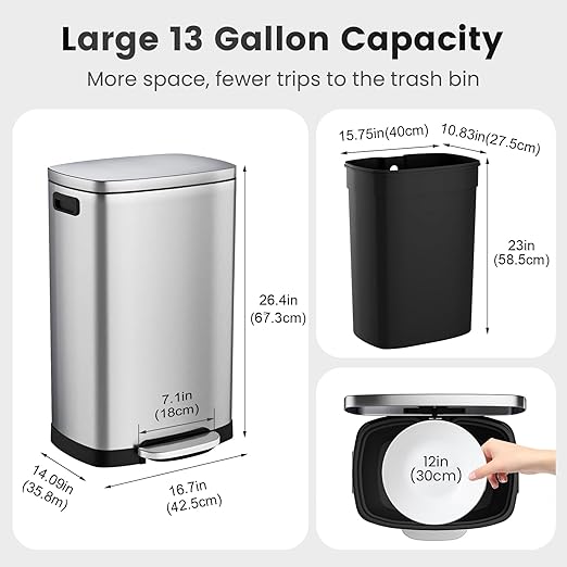 ELPHECO Kitchen Trash Can with Lid Soft Close,13 Gallon / 50L Stainless Steel Pedal Garbage Can, Heavy-Duty Fingerprint Proof Step Wastebasket with 20 Bags, Removable Bucket, Home Office, Silver