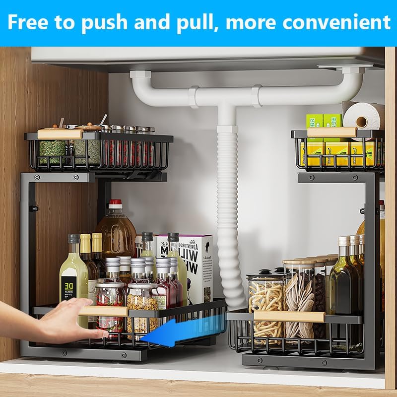Merrylun Under Sink Organizers, 5 Adjustable Height,Metal Pull Out Under Sink Organizers and Storage Shelves with Sliding Drawer, Black 1pack（Hight 13.6″-16.9″） - Image 3