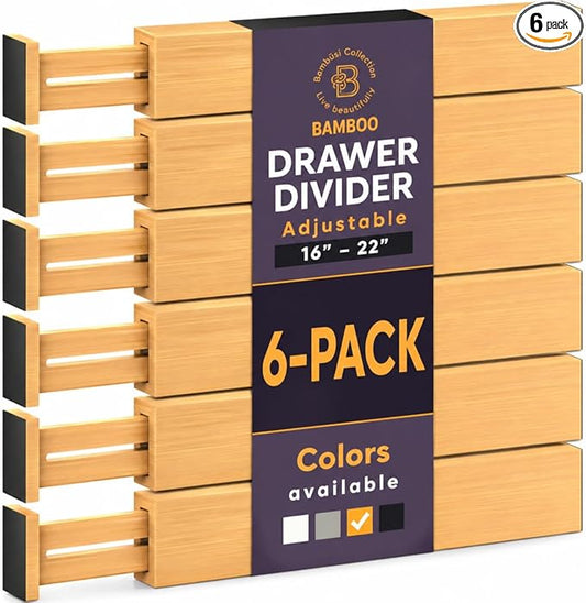 6-Pack Bamboo Drawer Dividers - 2.6 in High, Adjustable 16 to 22 in Expandable Drawer Organizers and Dresser Separators for Clothes, Bedroom, Bathroom, Kitchen, and Office Organization and Storage