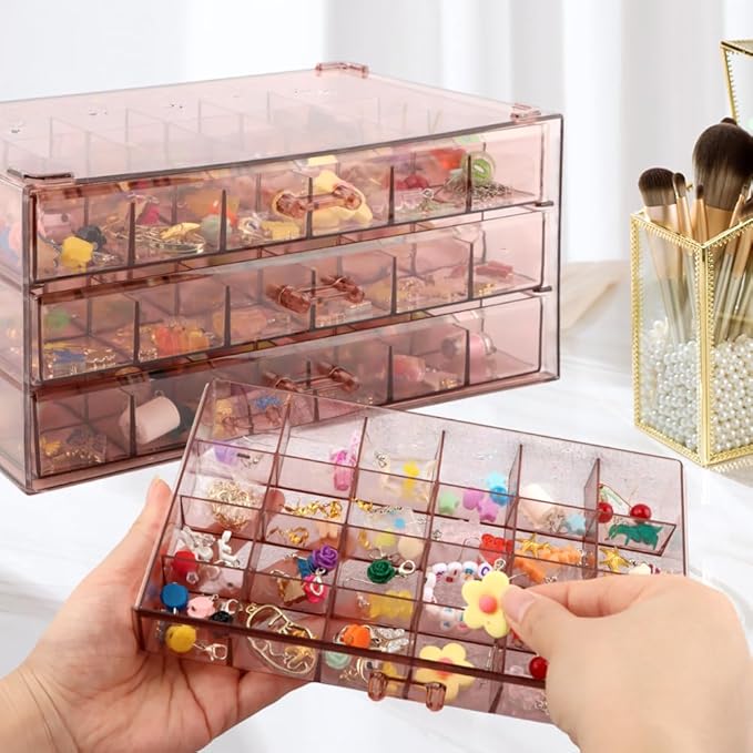 Jewelry Organizer, Earring Holder Organizer Box with 3 Layers, 72 Grids Earring Case, Craft Storage Containers for Nail Charms, Ring, Earrings(Tan)