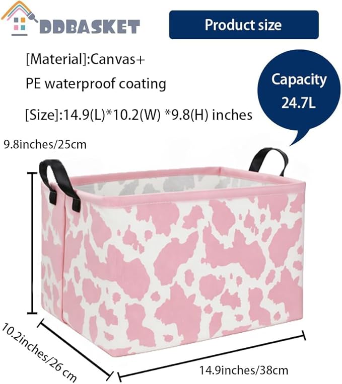 Rectangular Cow Baskets Pink Basket Cute Storage Bins Organizer Box Girls Room Decor for Home.(Pink cow)