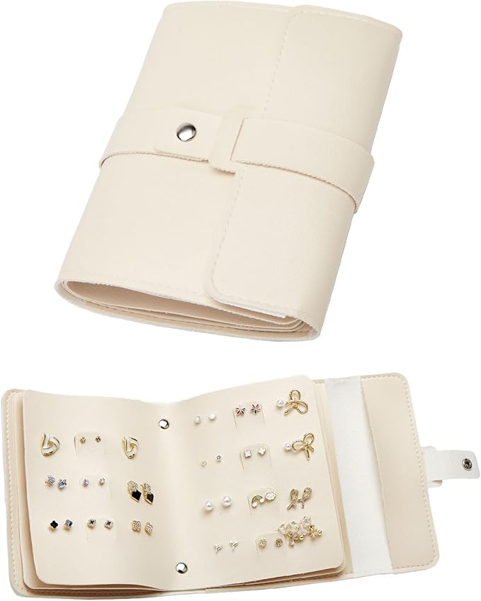 LAKE OF FIRE Earring Holder Organizer with Foldable Book Design Jewelry Book Organizer, Portable Pu Leather Travel Earring Case(Beige)