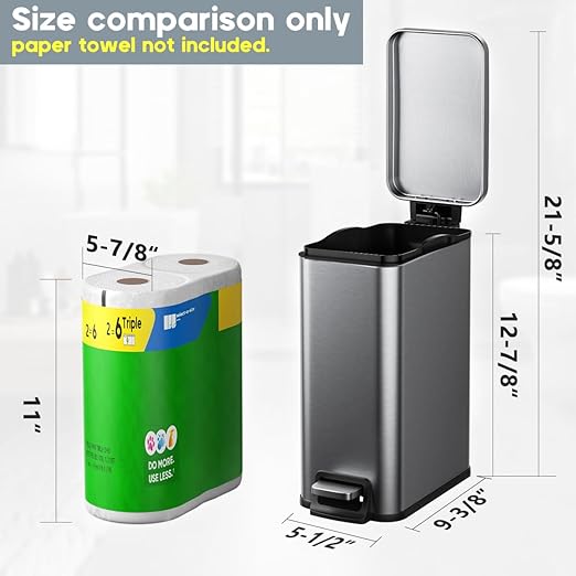 Slim Bathroom Trash Can with Lid Soft Close, 1.6 Gallon Stainless Steel Garbage Can with Removable Inner Bucket, Durable Step Pedal, Small Trash Bins for Toilet, Bedroom, Kitchen, Office