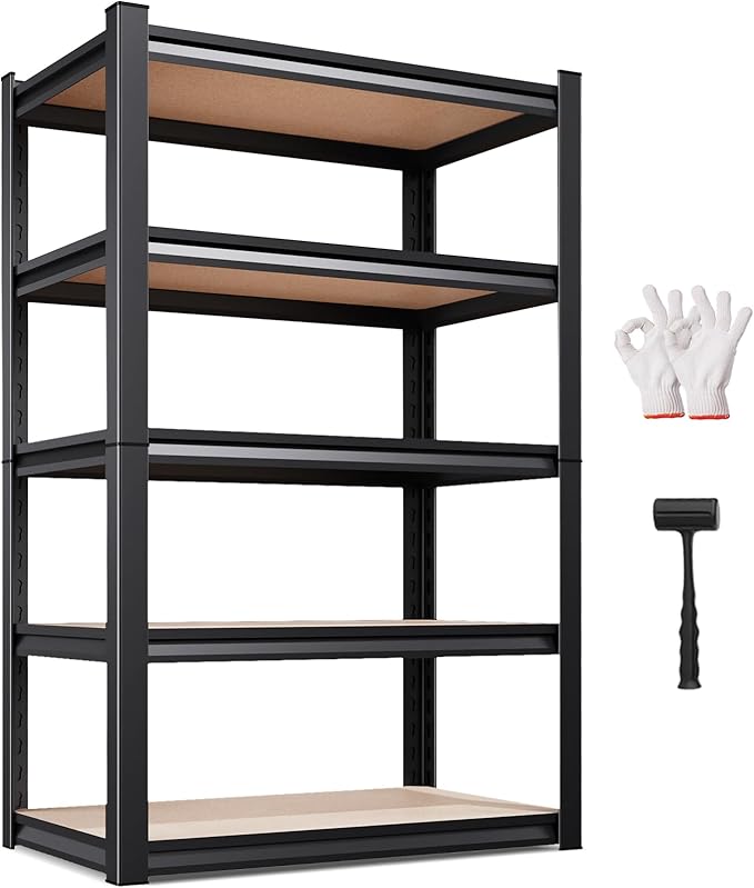 5-Tier Garage Shelving Heavy Duty Storage Shelves, Adjustable Shelving Unit, Utility Garage Organizer Shelf for Basement, Pantry, Kitchen, Warehouse,Supermarket, 31.5" Wx13.8 Dx71.2 H,Black