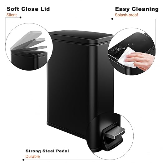 Bathroom Trash Can with Lid Slim 1.6 Gallon Stainless Steel Garbage Can with Removable Inner Bucket Soft Close Lid Durable Step Pedal Trash Bins for Toilet Bedroom Office (Matte Black, 1.6 Gallon)