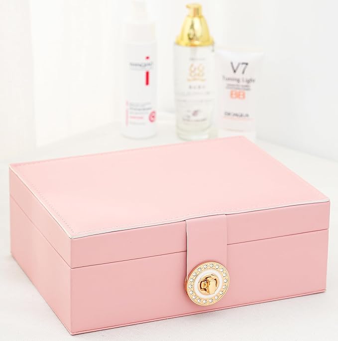 Earrings Jewelry Box for Girls, Large Capacity Jewelry Organizer with 40-Pair Earring Board, 2-Layer Leather Jewelry Storage Box for Necklaces Rings Bracelets with Removable Tray(Gift Idea),Pink