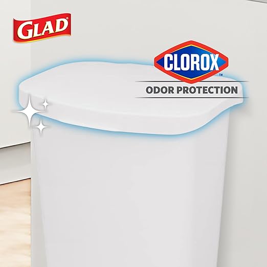 Glad 13 Gallon Trash Can | Plastic Kitchen Waste Bin with Odor Protection of Lid | Hands Free with Step On Foot Pedal and Garbage Bag Rings, 13 Gallon, White