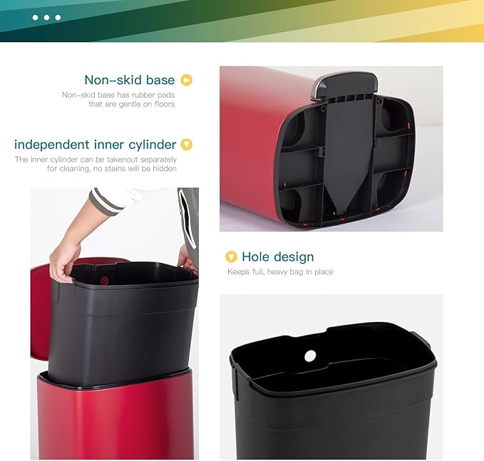 FDW | 13 Gallon Trash Can with Lid | Red | Fingerprint-Proof | Made of Brushed Stainless Steel | Soft-Close Step Pedal | Hands-Free Use | Easy to Clean | for Kitchen, Office, Bathroom